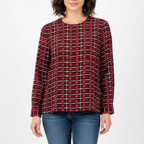 Talbots Womens Size 14 Silk Blouse Top Red Black Plaid Pattern Long Sleeve