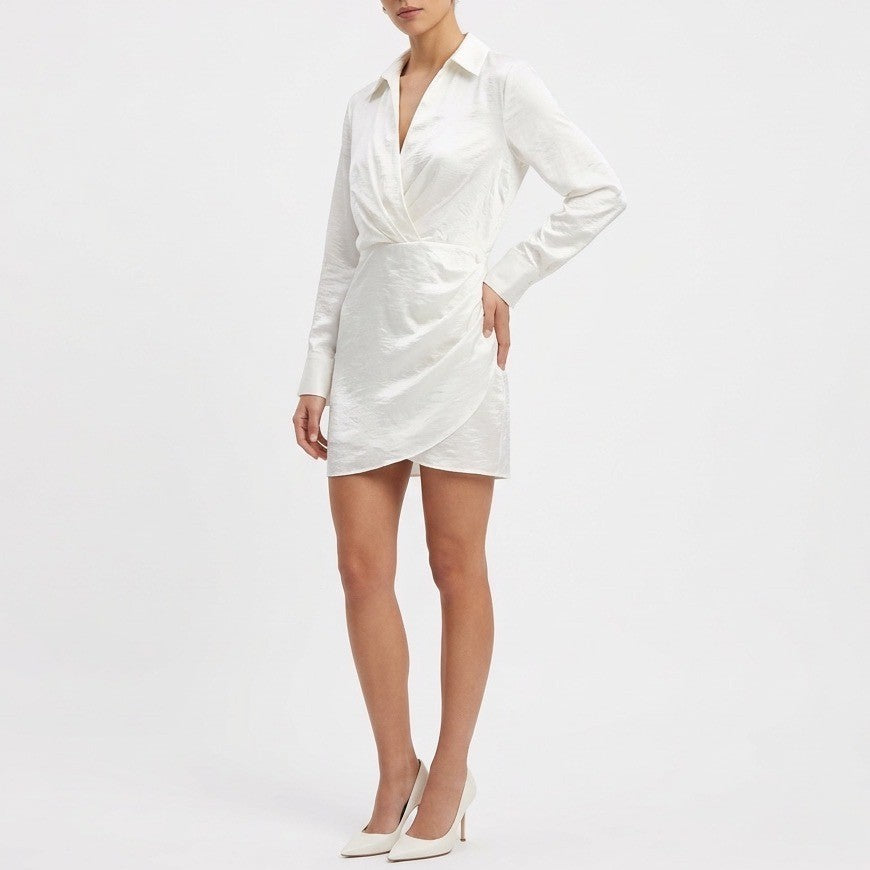 Zara Mini Dress Womens XS White Satin Effect Long Sleeve Surplice Neck Summer