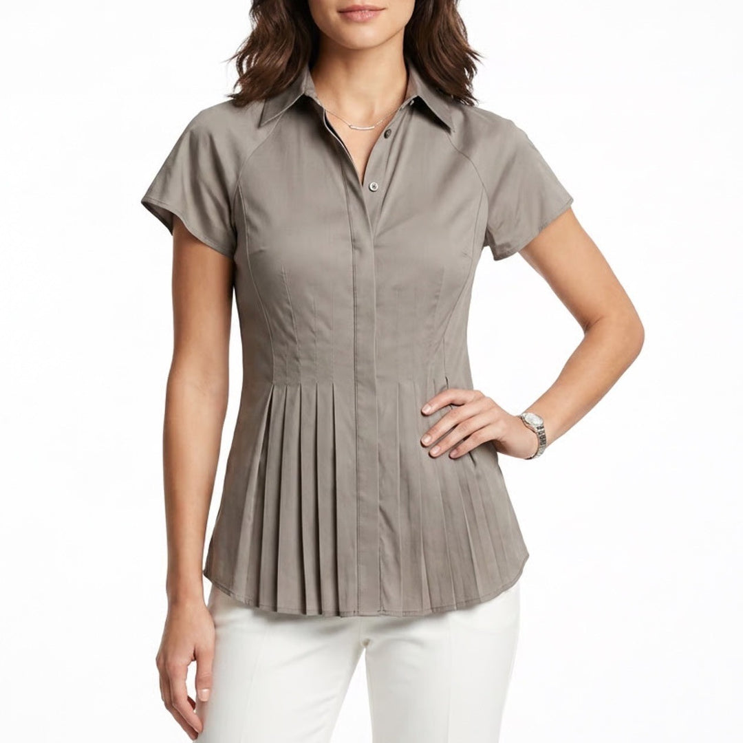 BCBGMAXAZRIA Blouse Top Womens Small Gray Silk Stretch Pintuck Detail V Neck