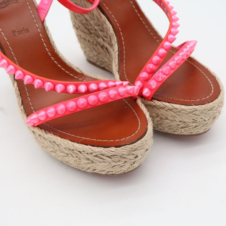 Christian Louboutin Neon Pink Studded Espadrille Wedge Sandals 38
