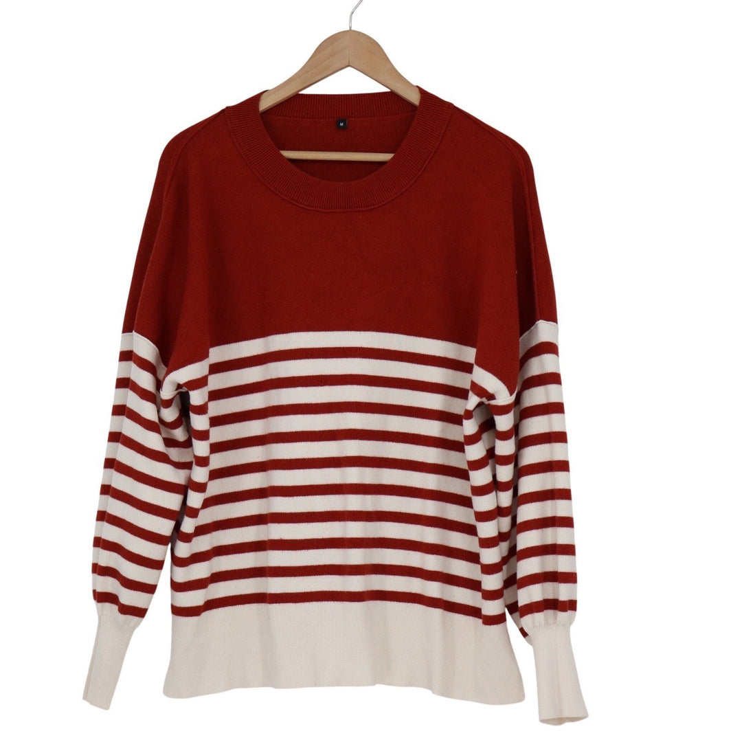 Red Cream Striped Oversized Crewneck Sweater Long Sleeve Side Slit Size M