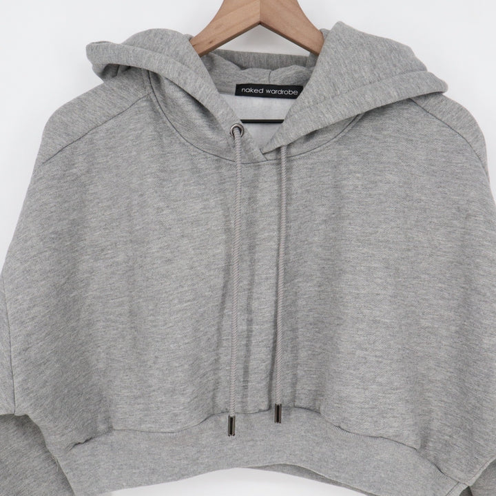 Naked Wardrobe Womens Cropped Hoodie Gray Fleece Lined Sweatshirt L