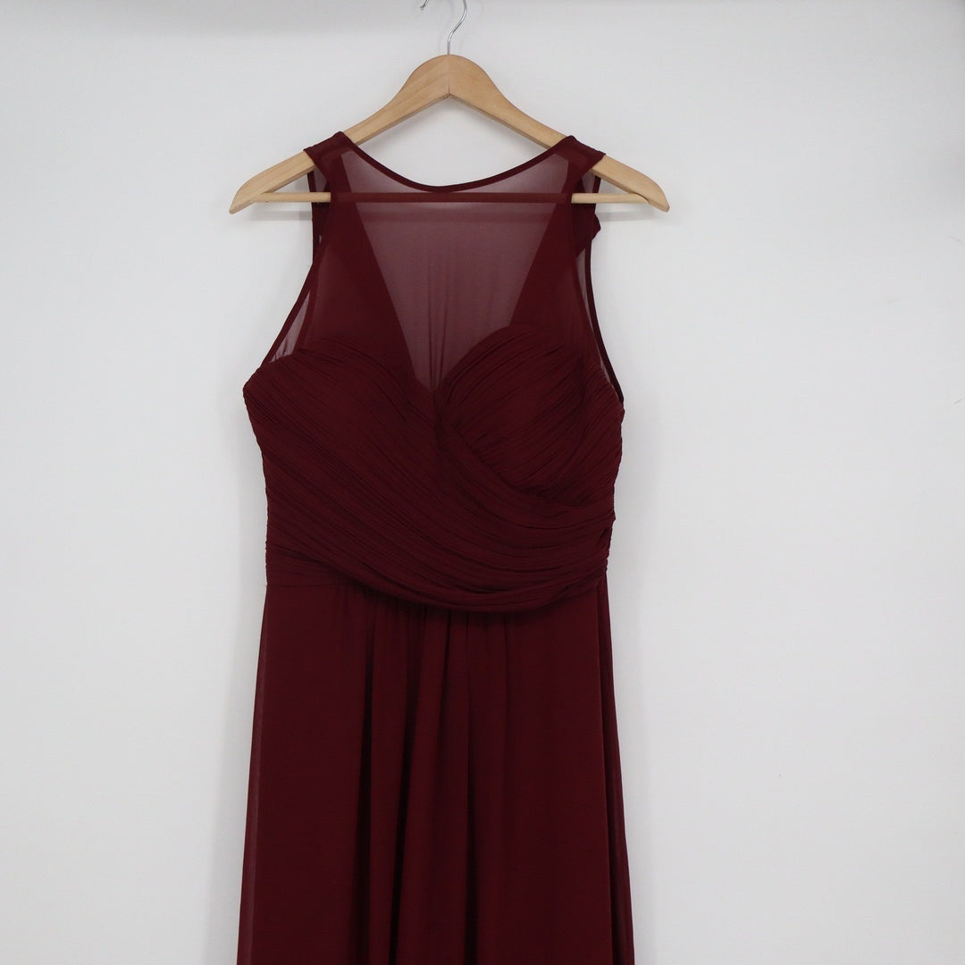 Bill Levkoff Burgundy Illusion Neckline Ruched Maxi Gown Dress Size 12