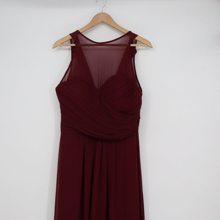 Bill Levkoff Burgundy Illusion Neckline Ruched Maxi Gown Dress Size 12