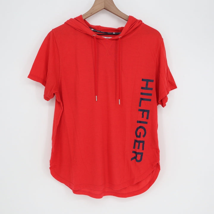 Tommy Hilfiger Sport Womens Red Short Sleeve Hoodie Side Logo Shirt Size M