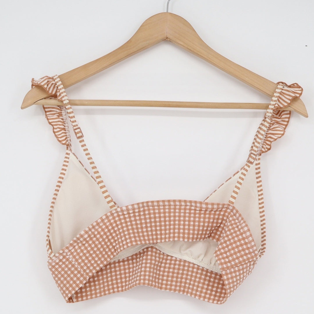 Aerie Tan Gingham Ruffle Triangle Bikini Top Medium Seersucker V-Neck Swim