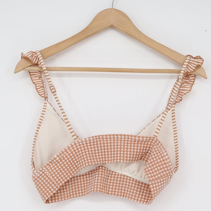 Aerie Tan Gingham Ruffle Triangle Bikini Top Medium Seersucker V-Neck Swim