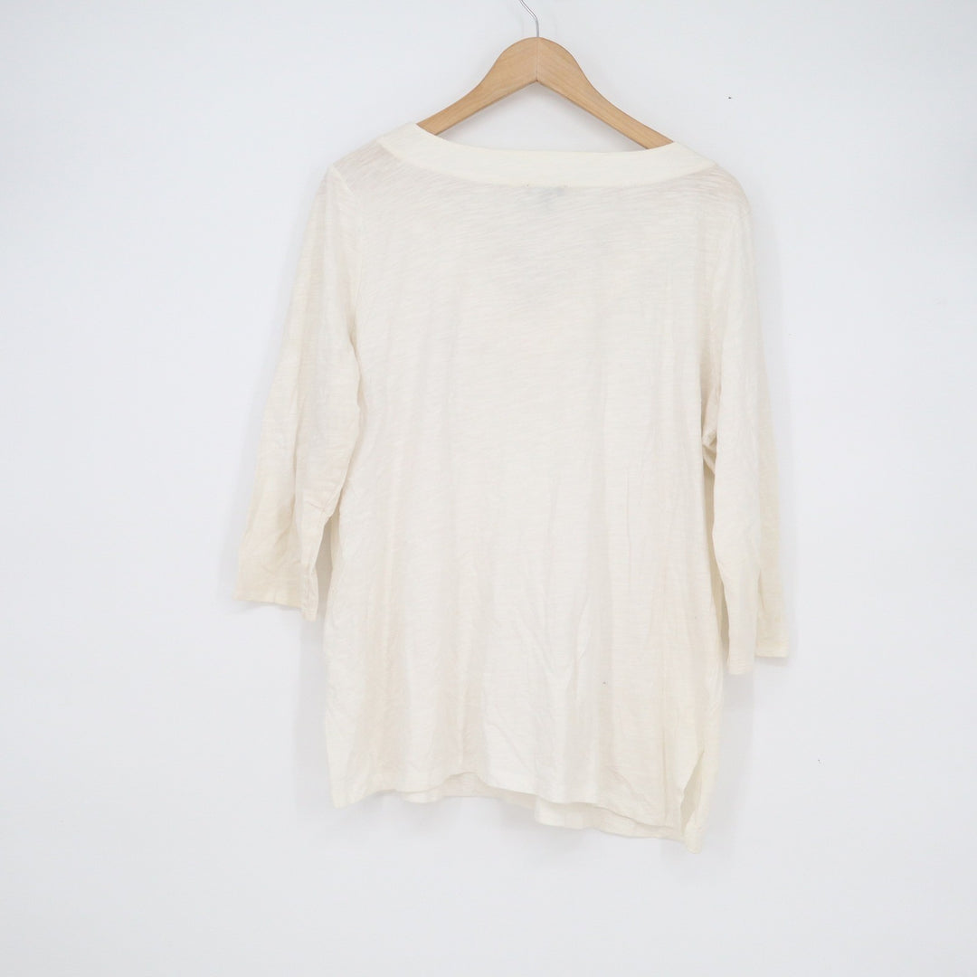 Talbots Woman Cream Cotton Slub Beaded Floral Split Neck 3/4 Sleeve Top 1X