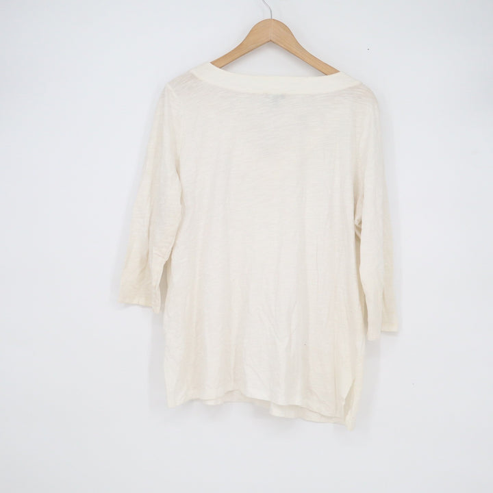 Talbots Woman Cream Cotton Slub Beaded Floral Split Neck 3/4 Sleeve Top 1X