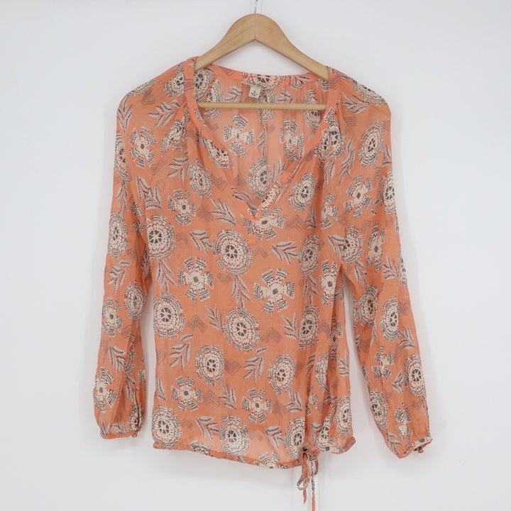 Lucky Brand Orange Coral Medallion Print Peasant Top Long Sleeve Small