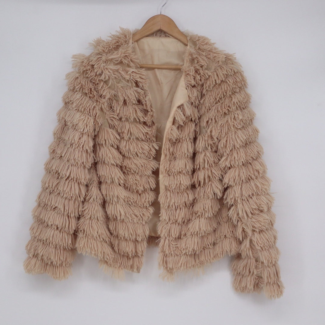 Unbranded Coffee Beige Faux Fur Shaggy Fringe Jacket Large Open Front