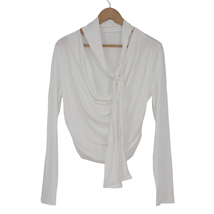 SHEIN White Draped Cowl Neck Tie Front Long Sleeve Top sz L