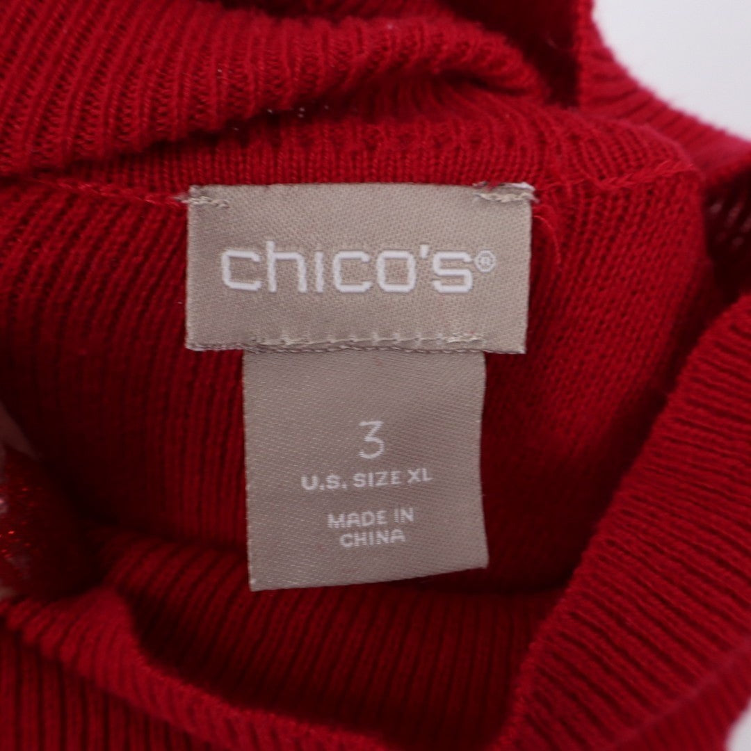 Chicos Metallic Sweater Womens XL Ruby Red Tight-Knit Turtle Neck Outdoor Wear