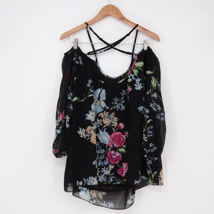 Olivaceous Top Womens Medium Black Floral Cold Shoulder Excellent
