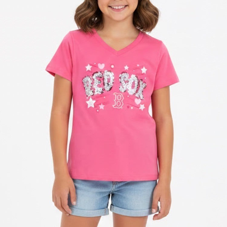 New Era Boston Red Sox Girls Pink Sequin V-Neck T-Shirt Size 7/8 MLB New