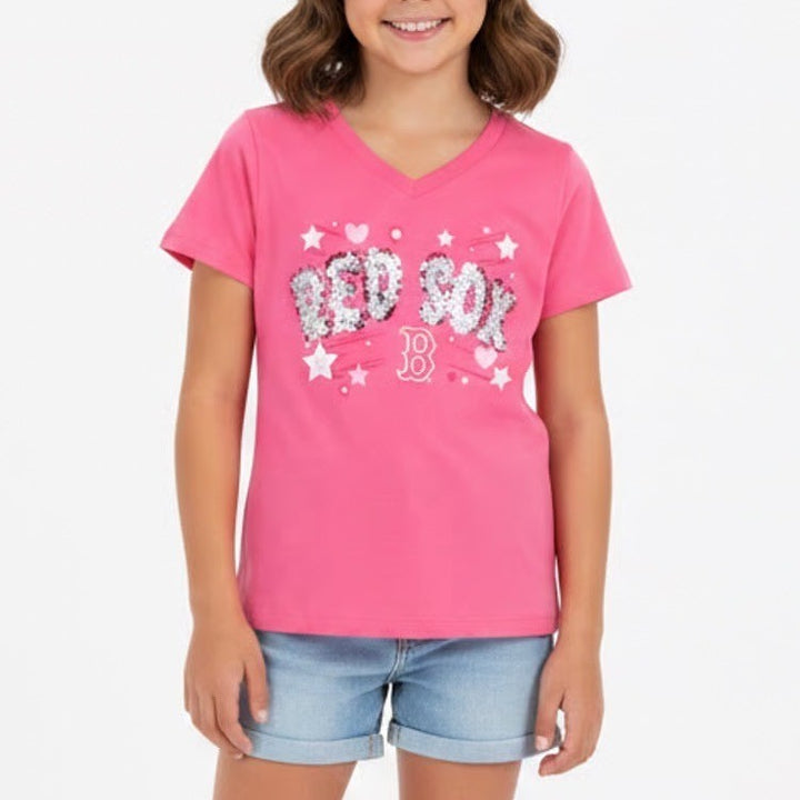 New Era Boston Red Sox Girls Pink Sequin V-Neck T-Shirt Size 7/8 MLB New