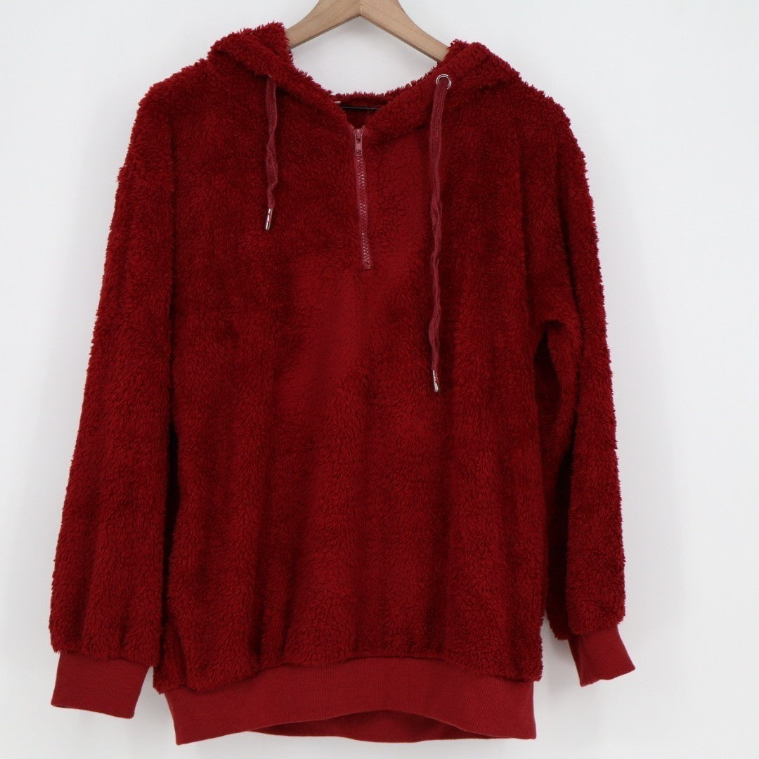 Fleece Hoodie Womens Medium Dark Red Stretch Quarter Zip Ribbed Hem Long Sleeve