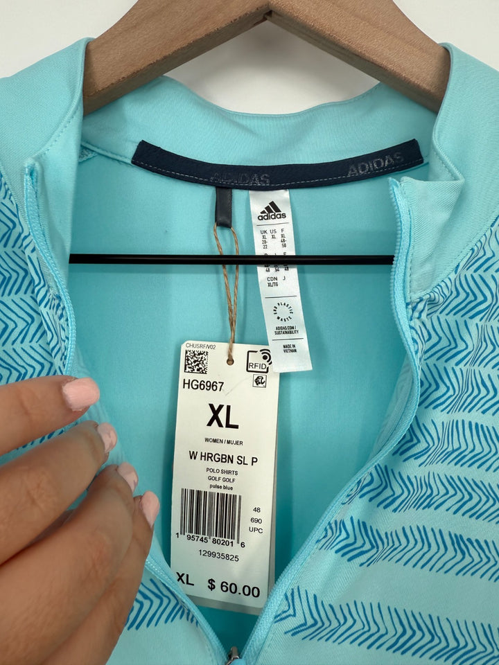 Adidas Polo Shirt Women XL Pulse Blue Herringbone Striped Sleeveless Quarter Zip
