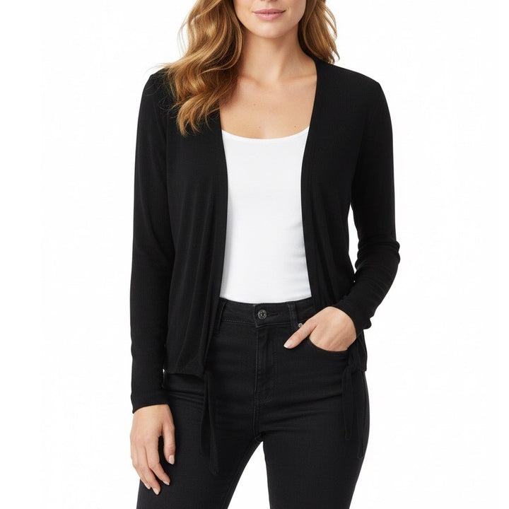 Chicos Travelers Black Open Front Cardigan Sweater Tie Hem Size 1