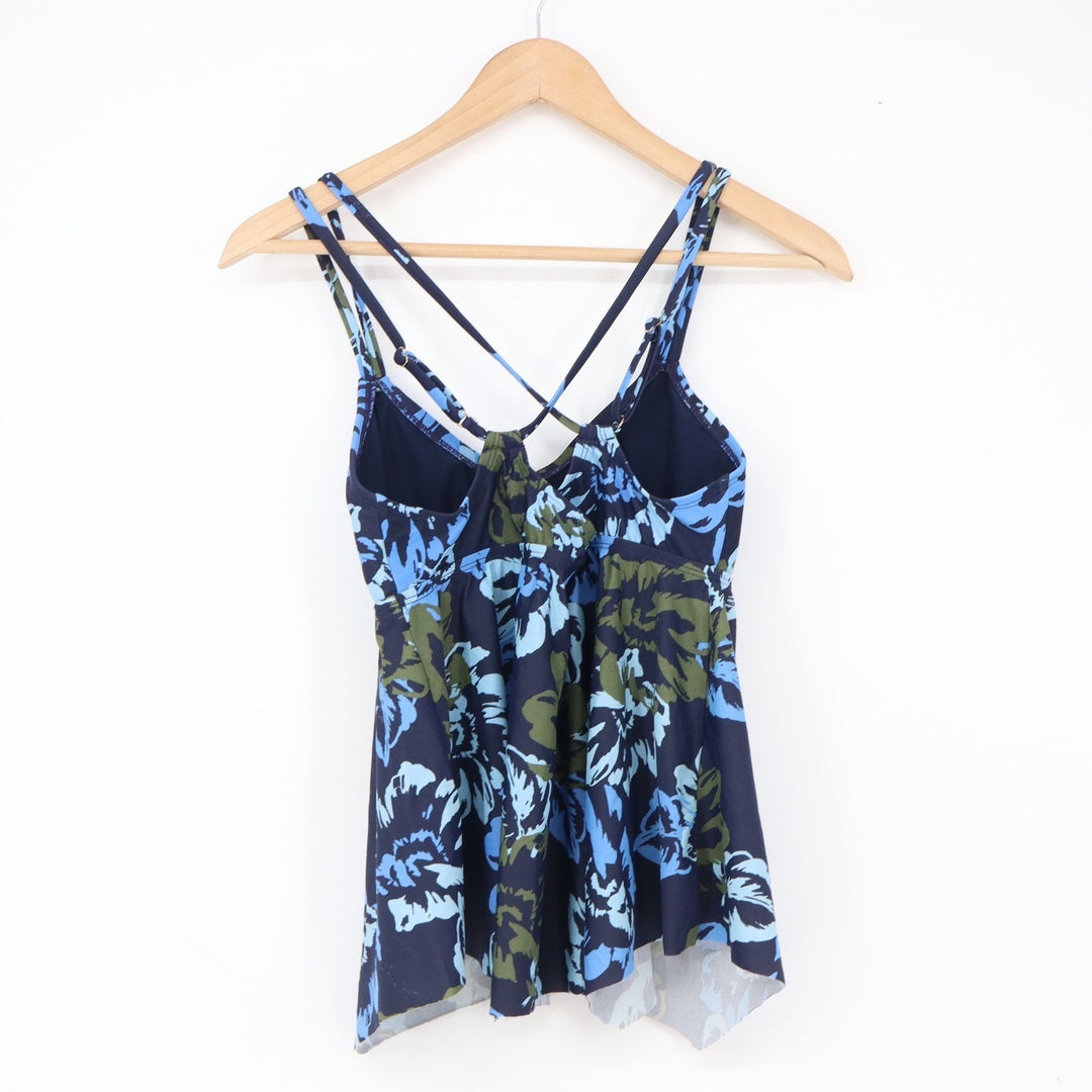 Kona Sol Swim Top Women S Tankini Navy Blue Floral Handkerchief Hem Excellent