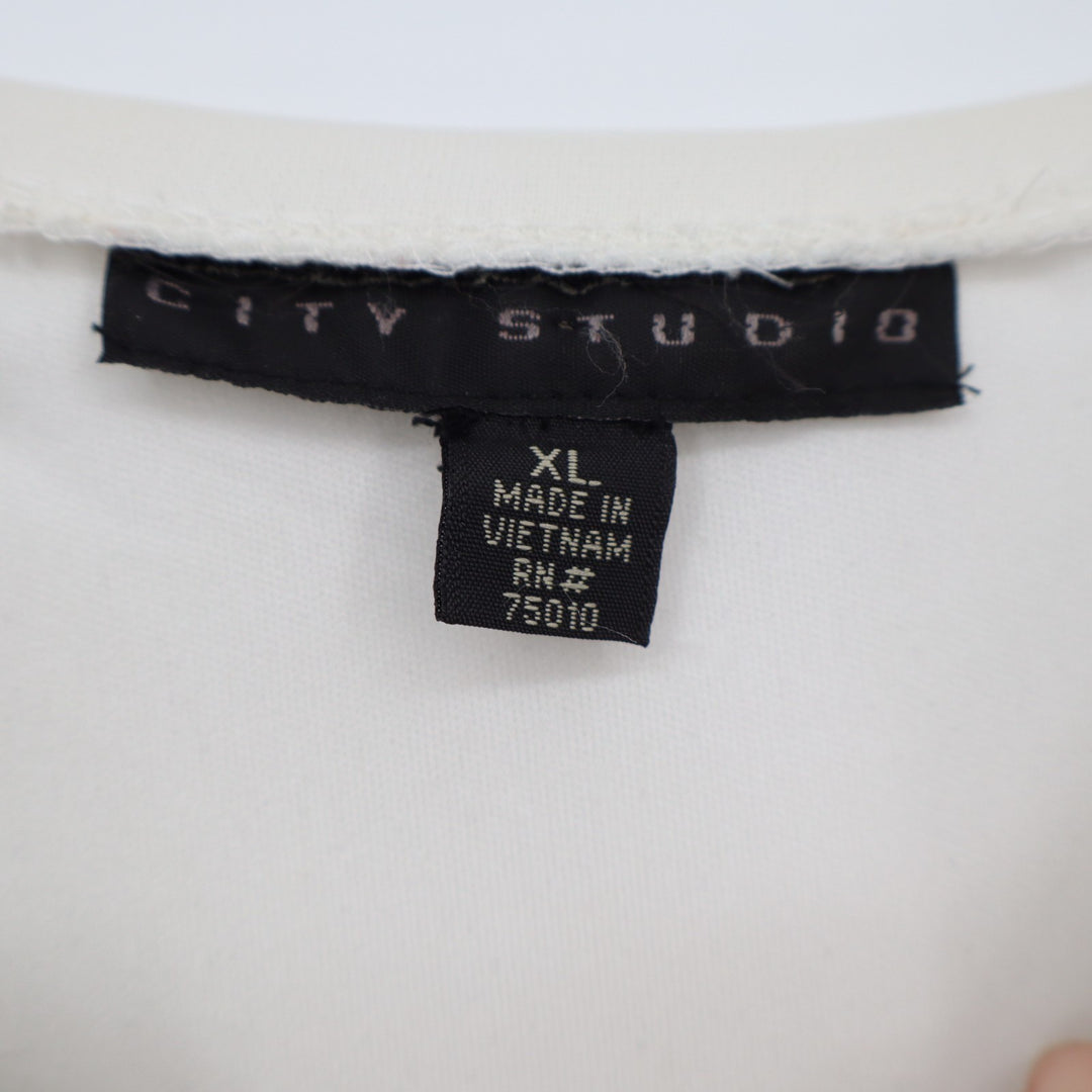 City Studio Tiered Mini Dress Womens XL Black Cream Ruched Embellishment Neck