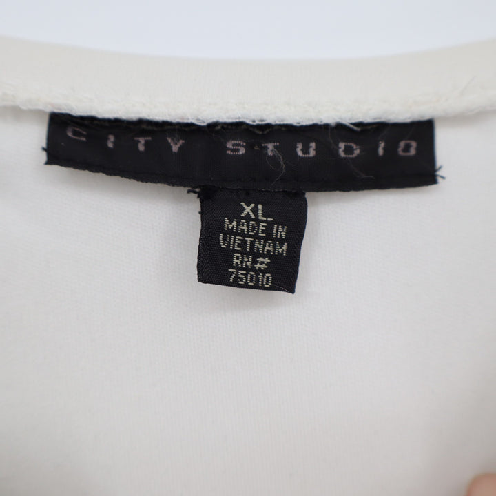 City Studio Tiered Mini Dress Womens XL Black Cream Ruched Embellishment Neck