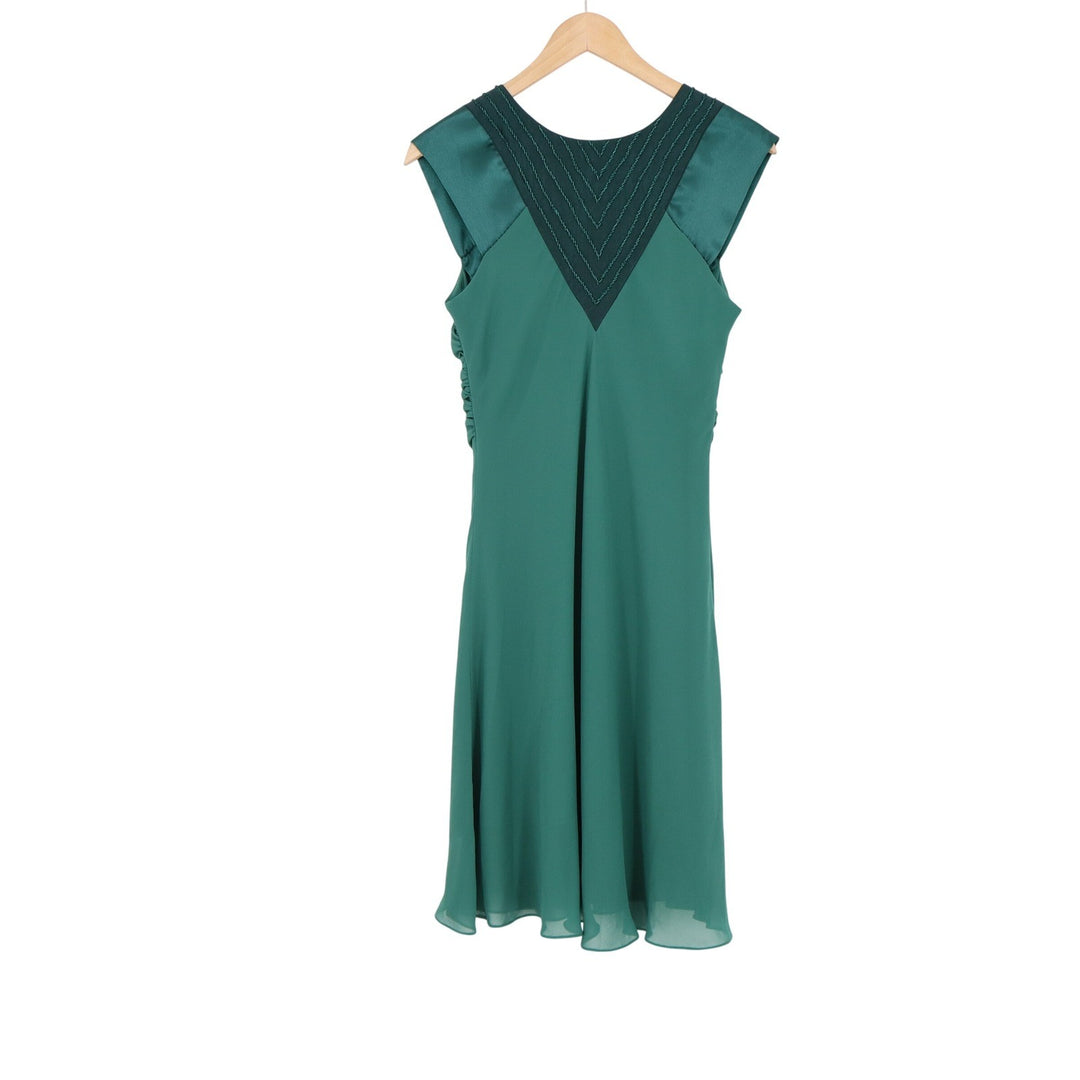 Orbis Emerald Green Beaded V-Neck Cocktail Dress Ruched Sleeveless Chiffon Knee