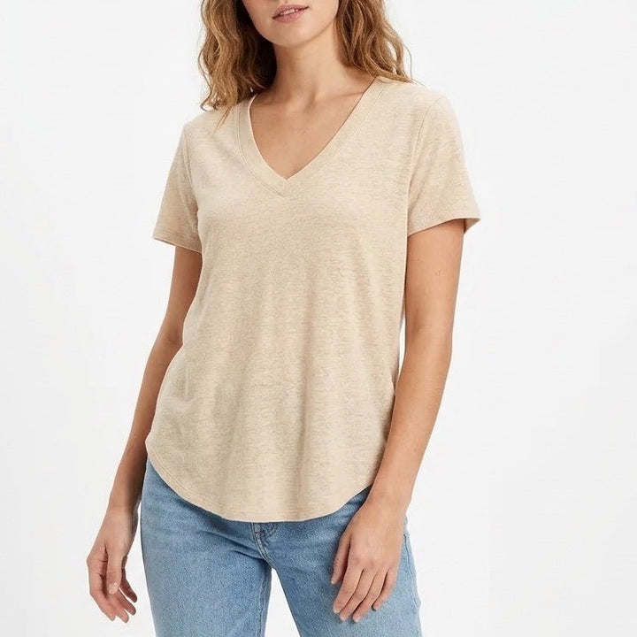 American Eagle Outfitters Soft & Sexy V Neck Tee Shirt Women Small Beige Stretch