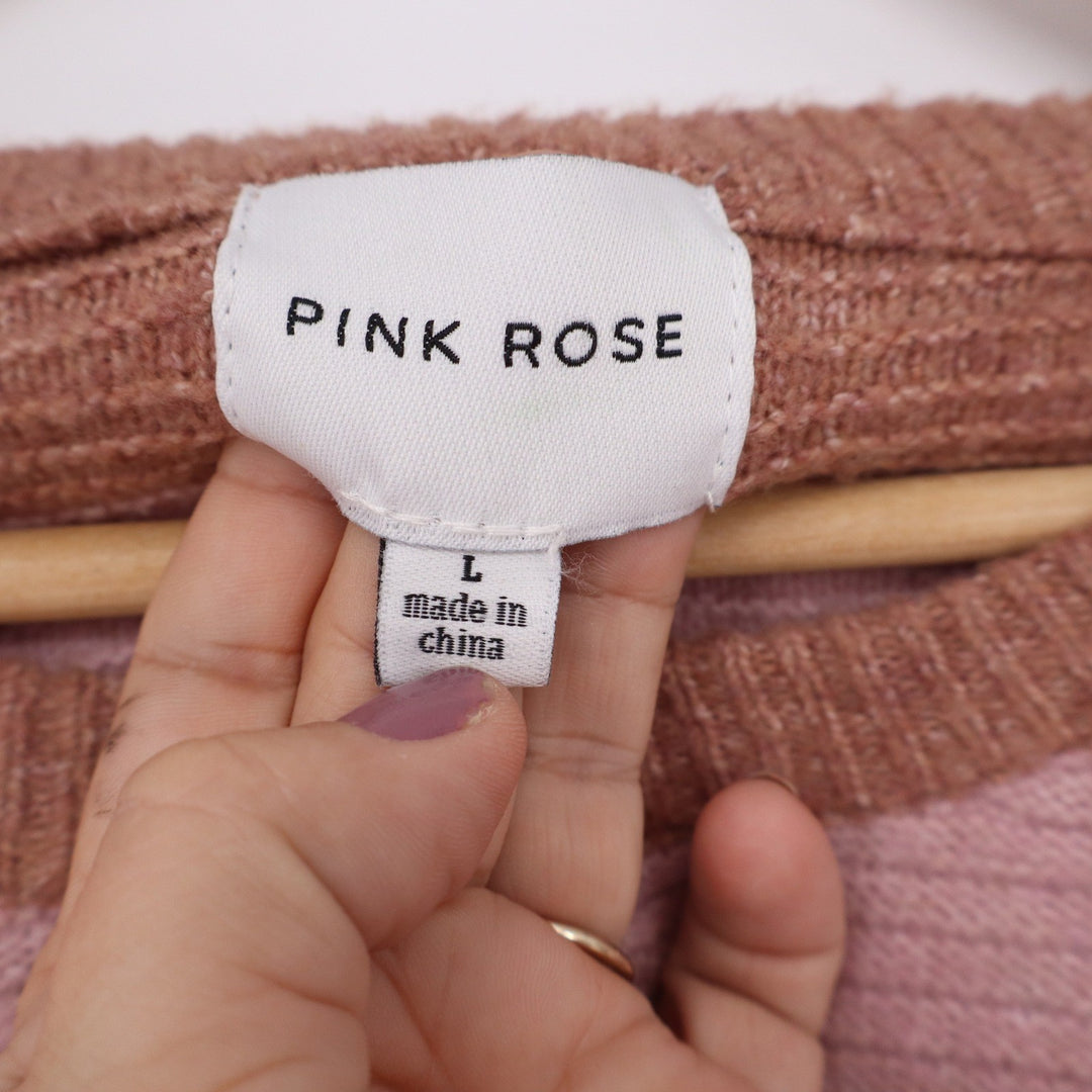 Pink Rose Womens Striped Crewneck Sweater Pink Brown Large
