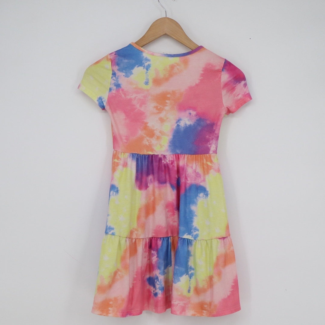 SHEIN Girls Multicolor Tie-Dye Tiered Babydoll Dress Short Sleeve Size 8Y