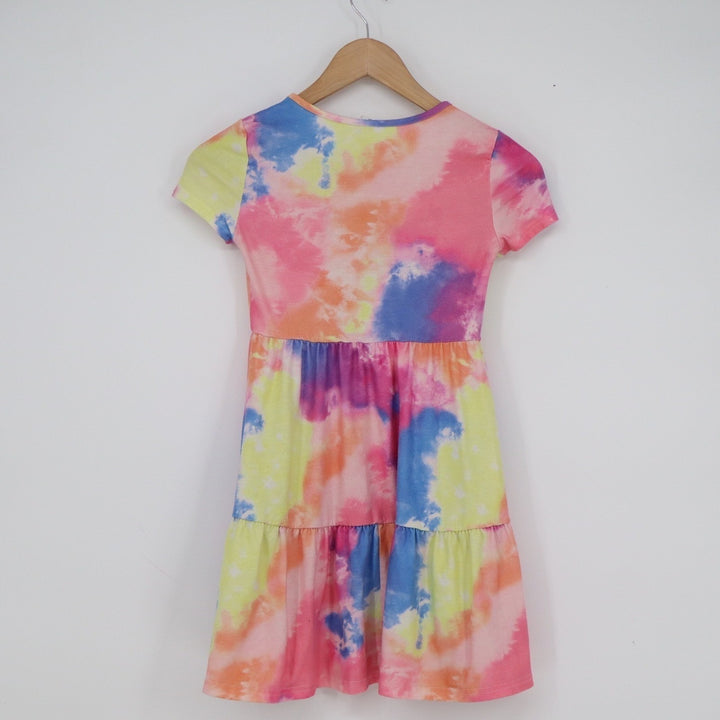 SHEIN Girls Multicolor Tie-Dye Tiered Babydoll Dress Short Sleeve Size 8Y