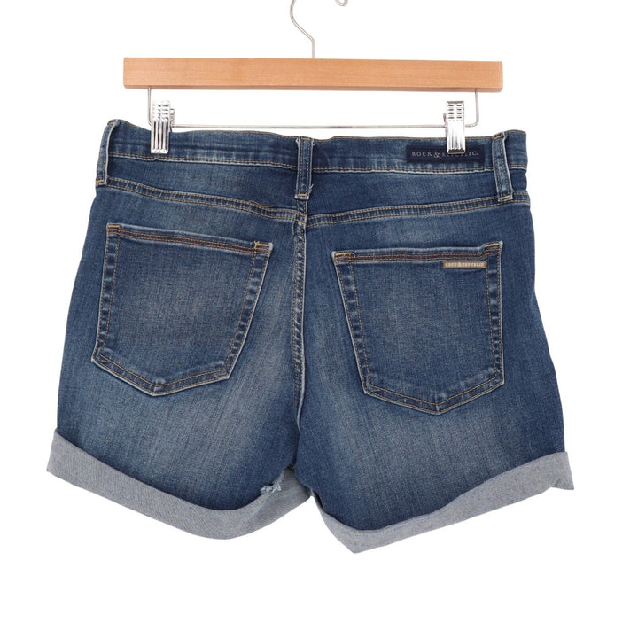 Rock & Republic Cuffed Shorts Womens 8 Blue Medium Wash Denim Cotton Frayed Hem