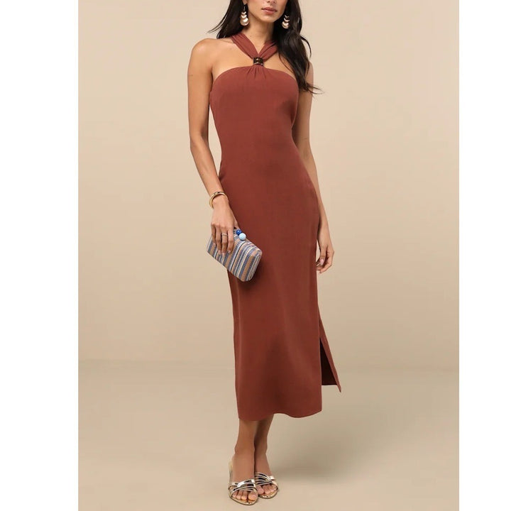 Lulus Calessia Maxi Dress Womens Small Rust Brown Linen Halter Neck Side Zip