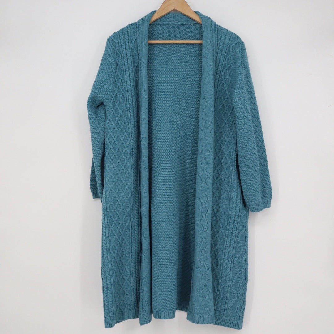 Yi Jiu Teal Blue Cable Knit Longline Open Front Duster Cardigan Sweater Size M