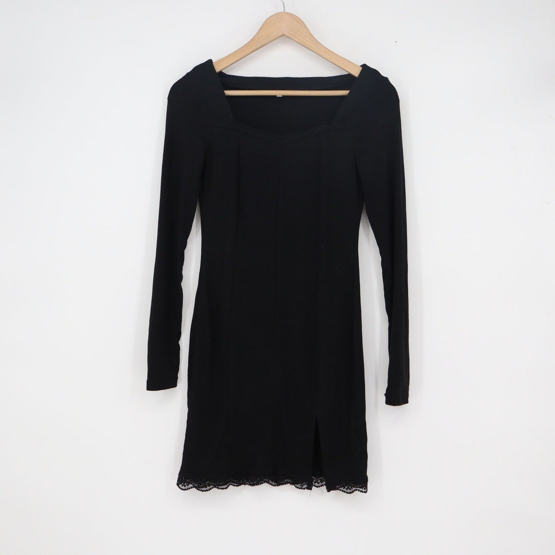 Black Sweetheart Lace Trim Long Sleeve Mini Bodycon Dress Size M Side Slit