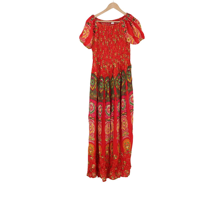 Unbranded Maxi Dress Womens OS Bohemian Paisley Red Smocked Tiered Excellent