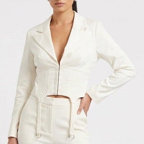 Naked Wardrobe The Statement Ivory Cropped Garter Blazer NWSP20-J6 Small