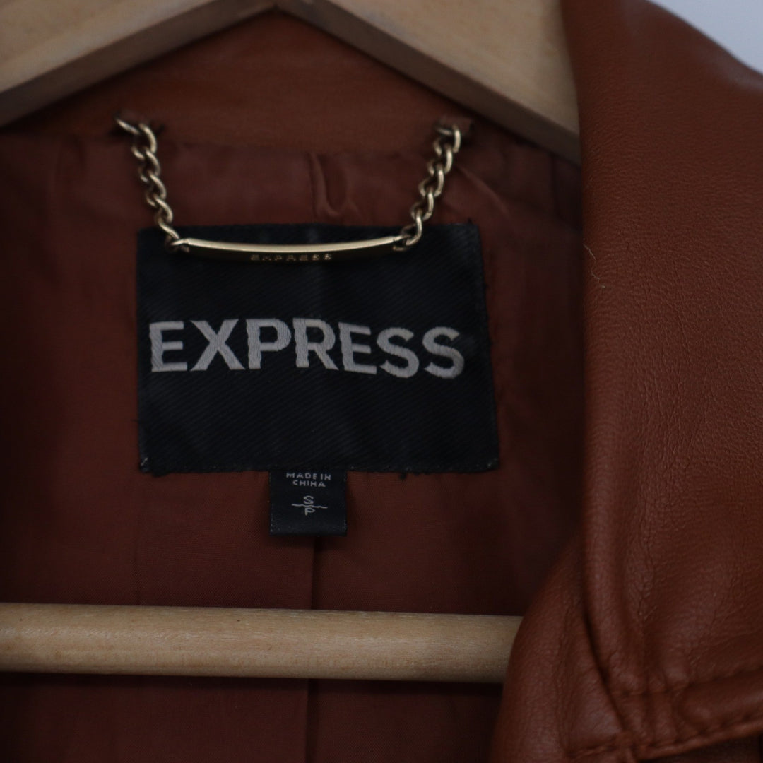 Express Womens Cognac Brown Faux Leather Quilted Moto Jacket Size S Gold Zip