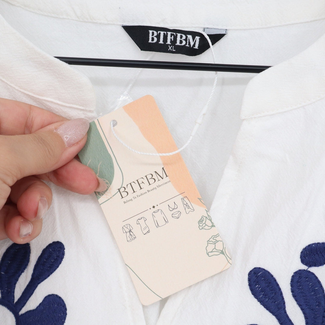 BTFBM Womens XL White Navy Blue Floral Embroidered Button Down Blouse