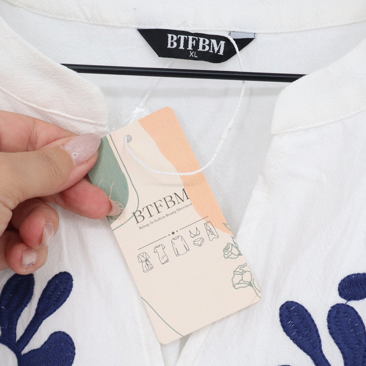 BTFBM Womens XL White Navy Blue Floral Embroidered Button Down Blouse