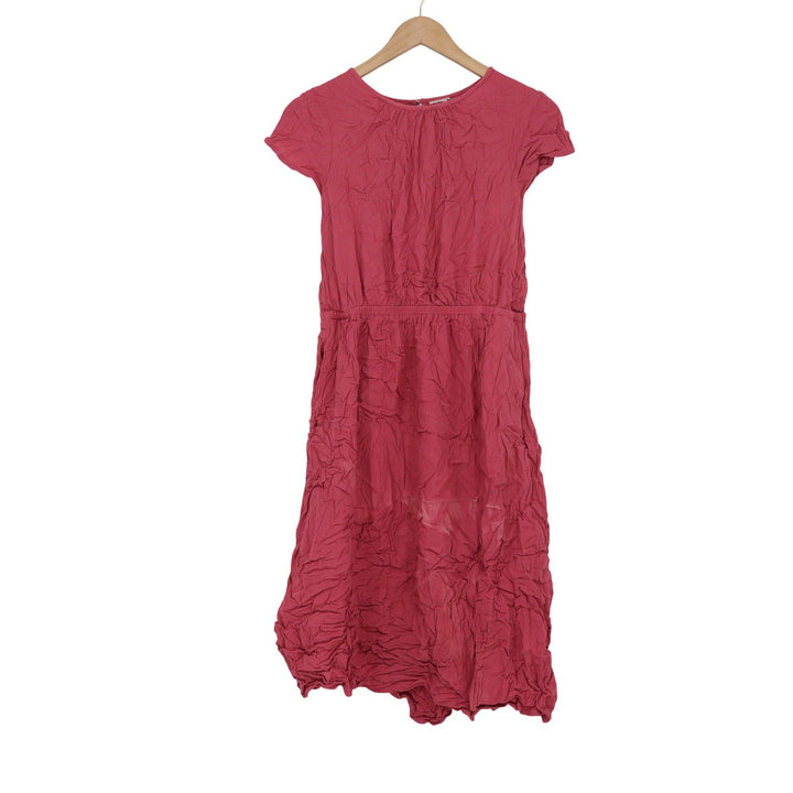 Pink Crinkle Rayon Short Sleeve Midi Dress Elastic Waist Berry Small