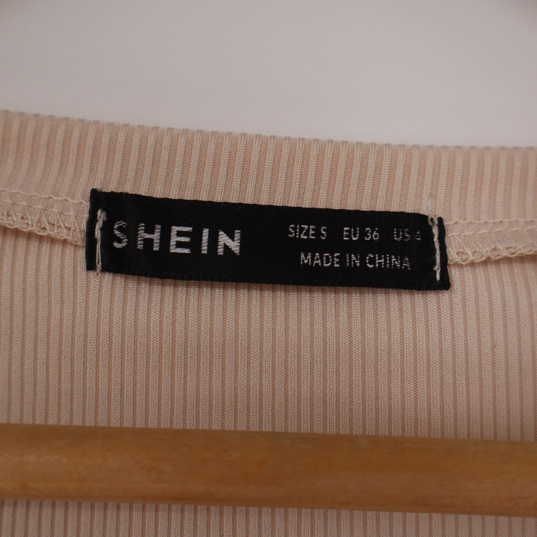 SHEIN Beige Ribbed Long Sleeve Scoop Neck Crop Top Size S Small