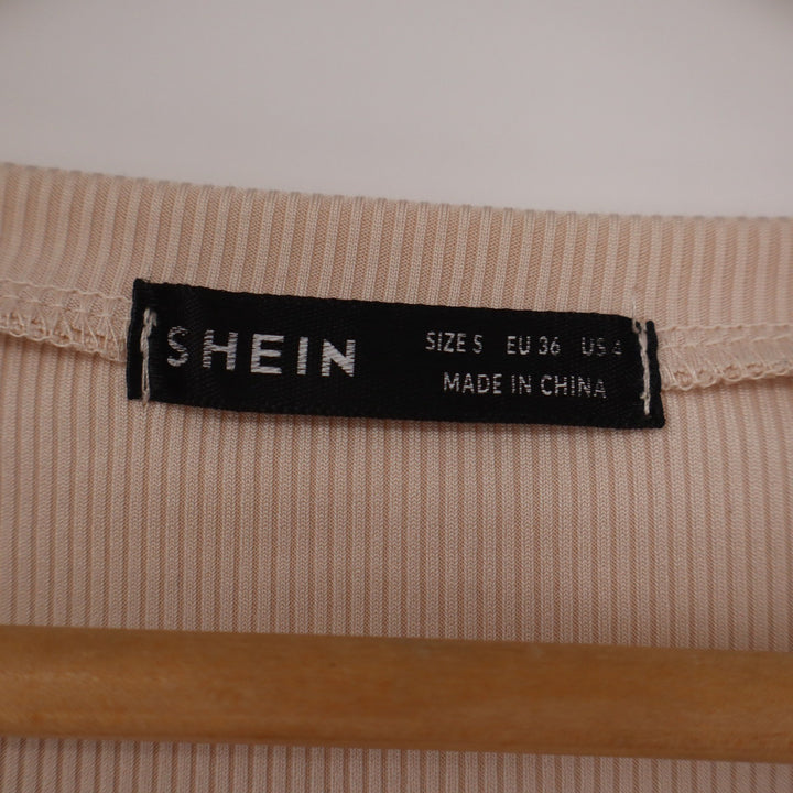 SHEIN Beige Ribbed Long Sleeve Scoop Neck Crop Top Size S Small