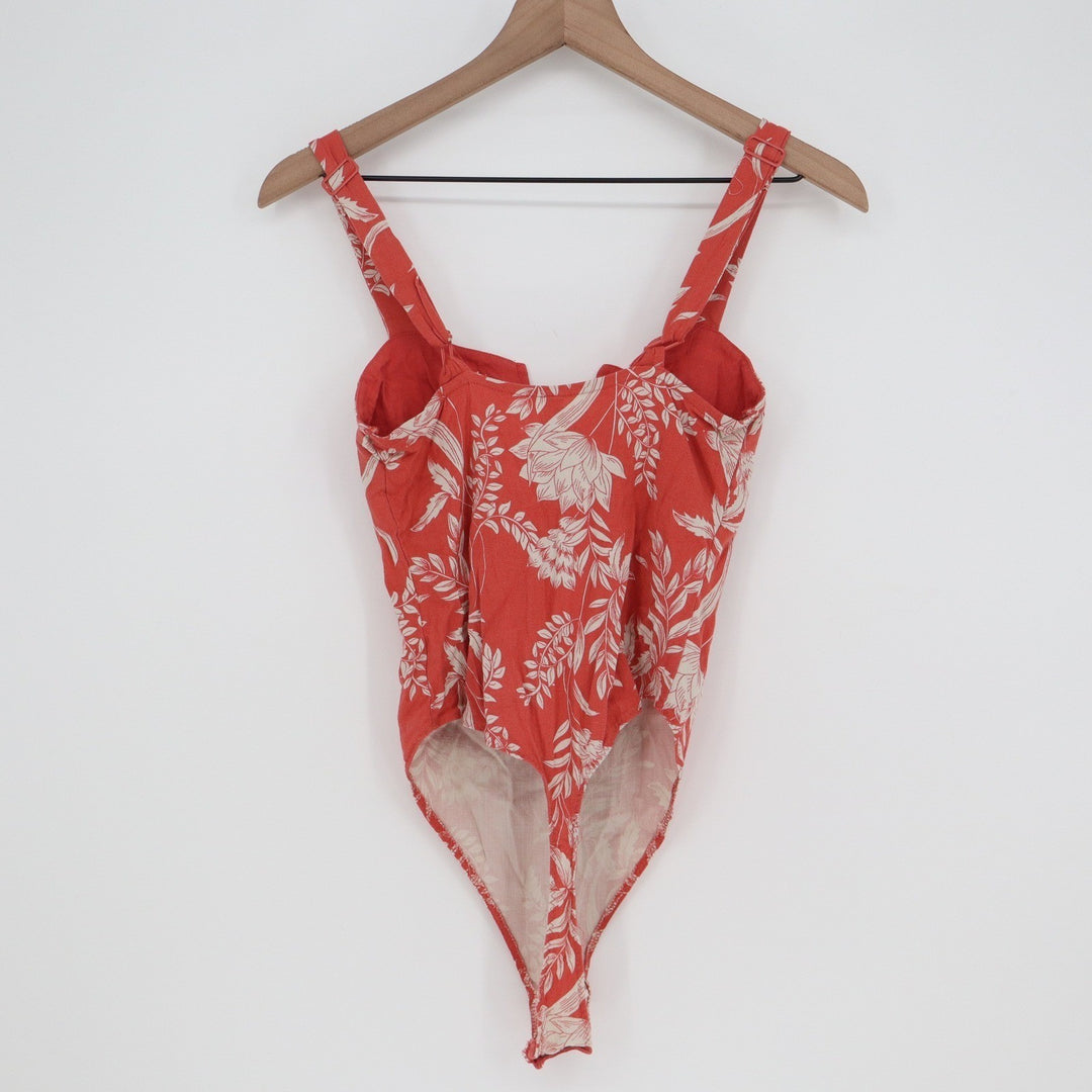 Intimately Free People Red Floral Notched Neck Bodysuit Small S