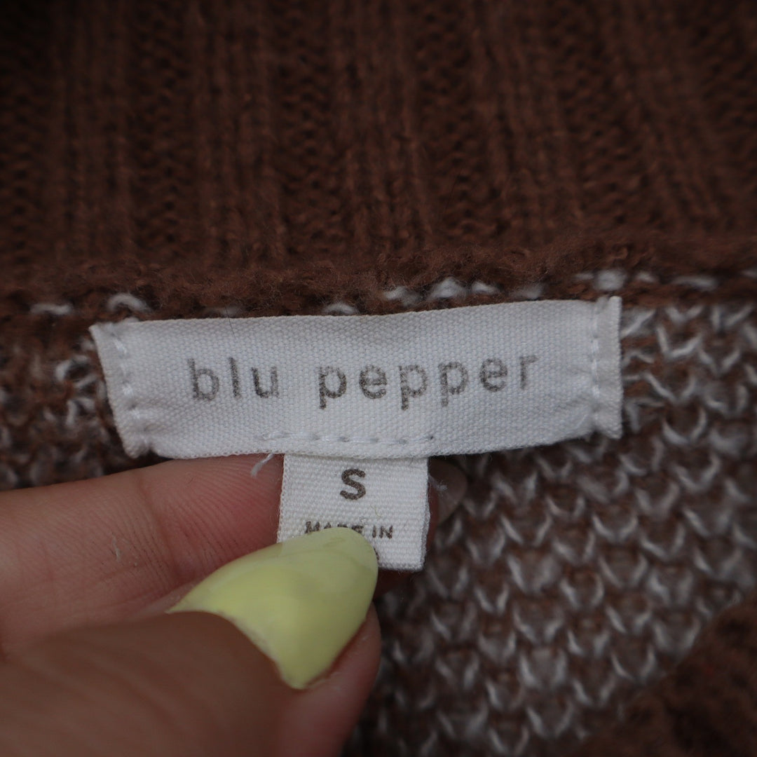 Blu Pepper Brown White Checkerboard Mock Neck Cropped Sweater Womens S