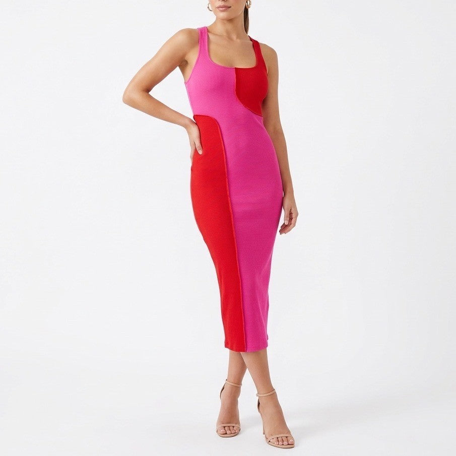 Naked Wardrobe Pink Red Colorblock Ribbed Midi Dress XS Racerback Bodycon