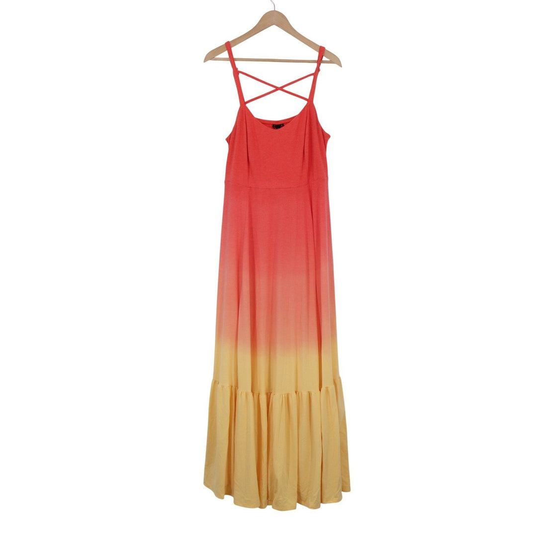 Torrid Coral Red Yellow Ombre Maxi Dress Tiered Ruffle Hem Sun Dress Size 0 L