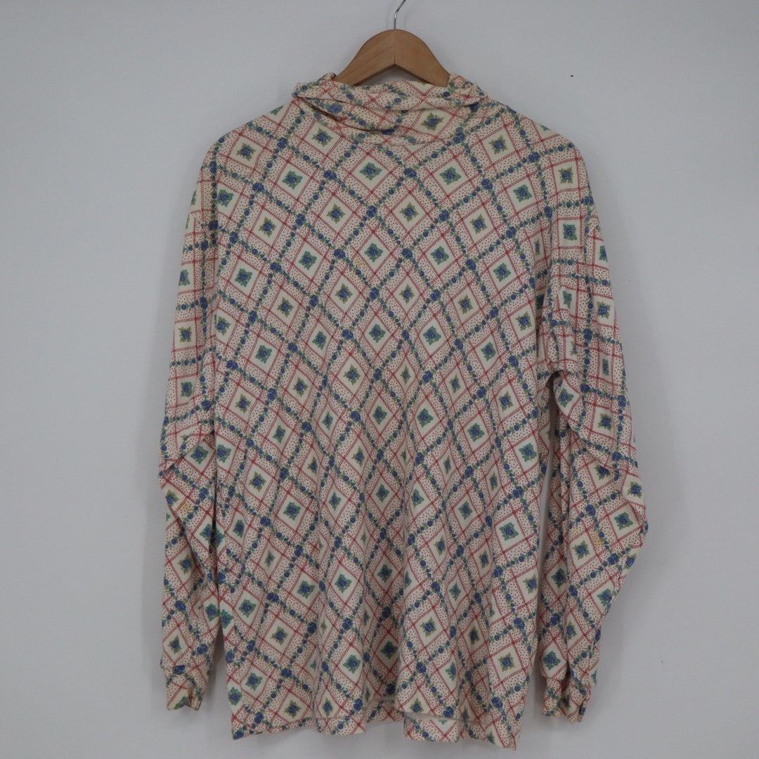 Cabin Creek Vintage 90s Floral Diamond Print Turtleneck Top XL Cream Blue Red