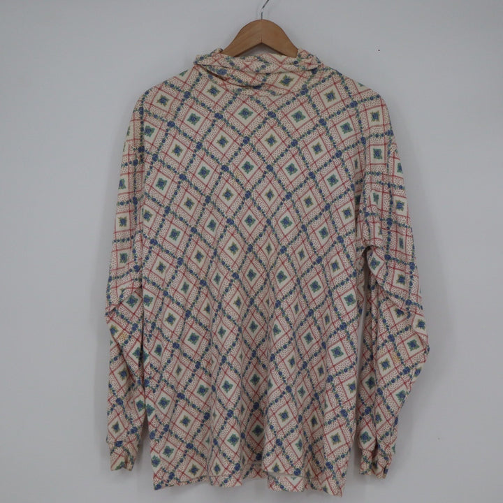 Cabin Creek Vintage 90s Floral Diamond Print Turtleneck Top XL Cream Blue Red