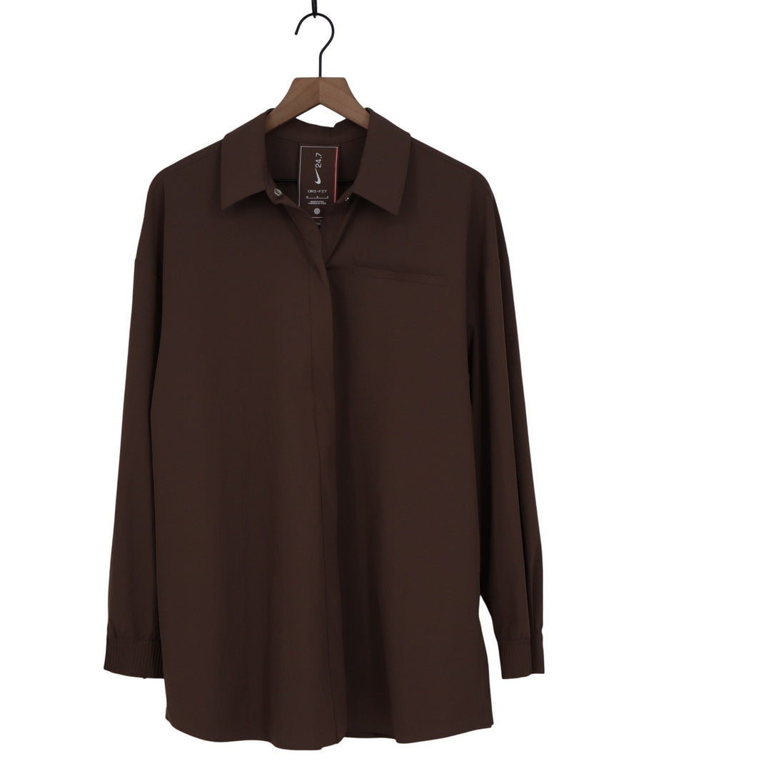 Nike 24.7 Dri-FIT Brown Long Sleeve Snap Button Up Shirt Mens Medium